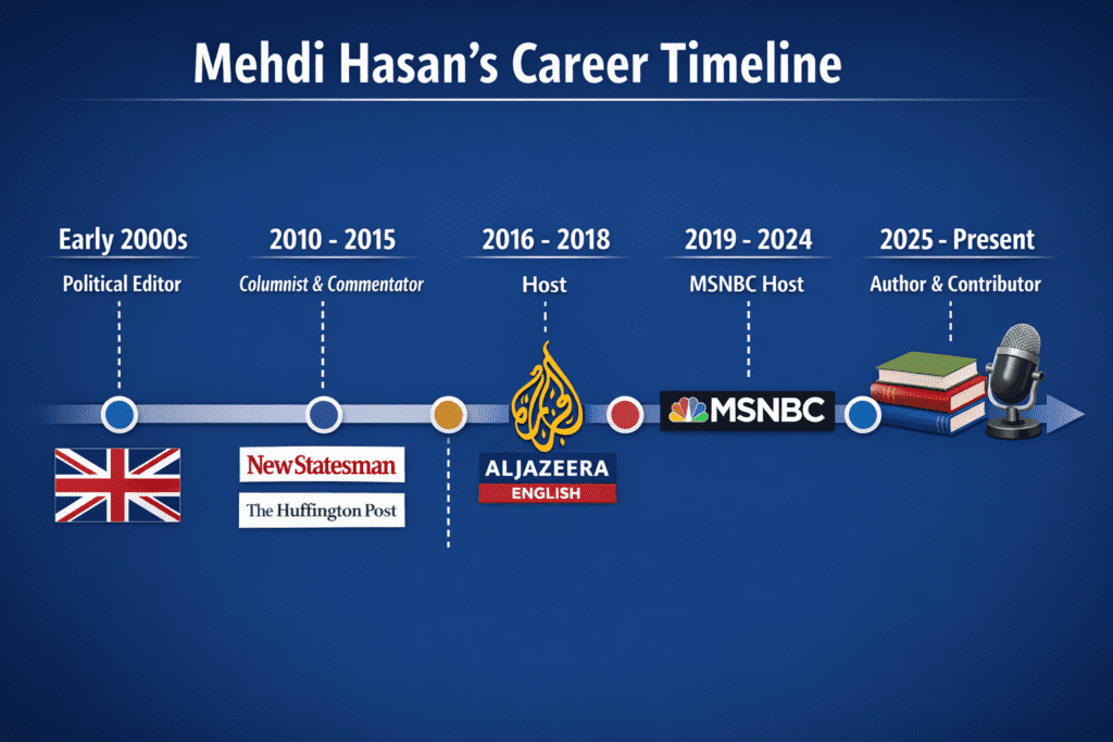 Career timeline graphic showing Mehdi Hasan’s media roles from early journalism to author work by year