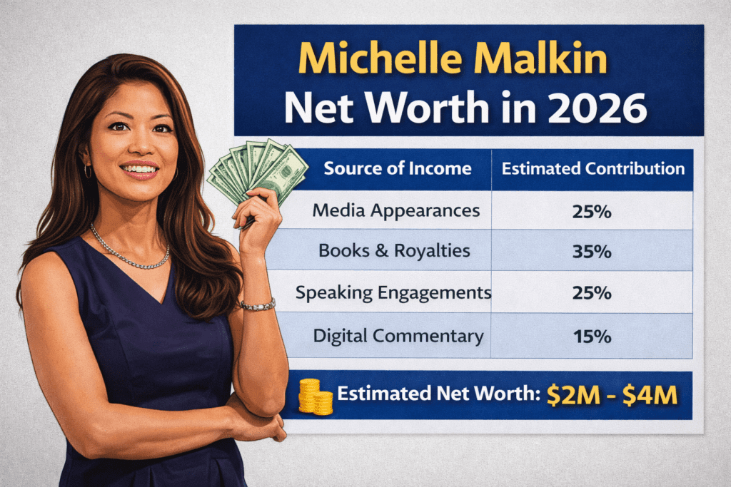 Michelle Malkin net worth infographic showing income sources and estimated 2026 earnings