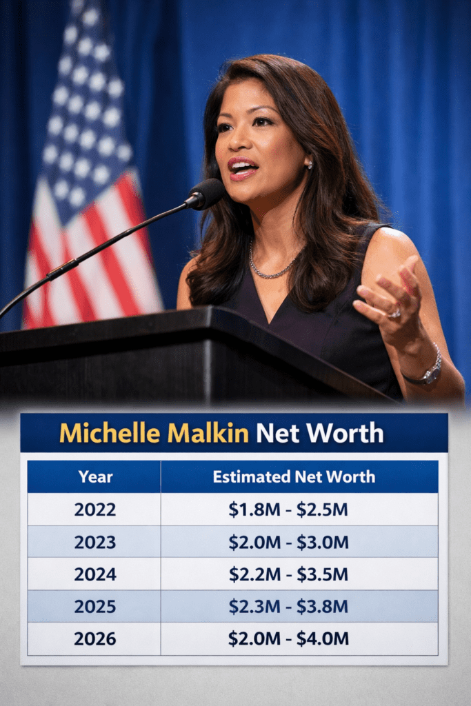 Michelle Malkin speaking at a public event with net worth table graphic below