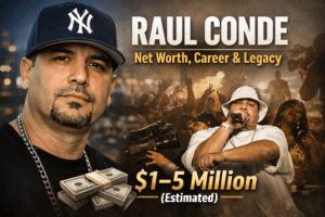 Raul Conde, Terror Squad affiliate and music video director, shown with hip-hop visuals and estimated net worth of $1–5 million.