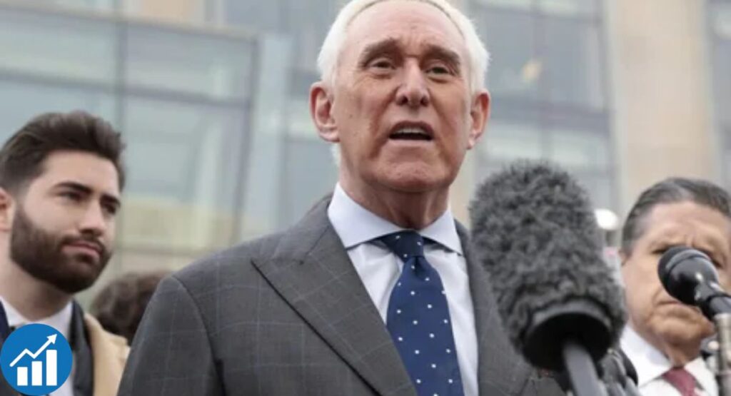 Roger Stone speaking at a public event on politics and media