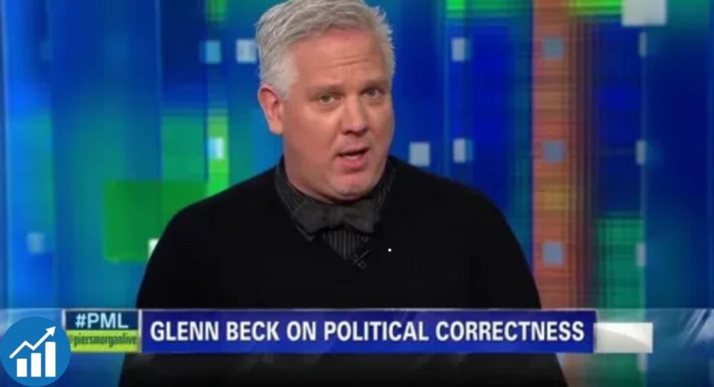 Timeline graphic showing Glenn Beck career milestones from radio DJ to media mogul