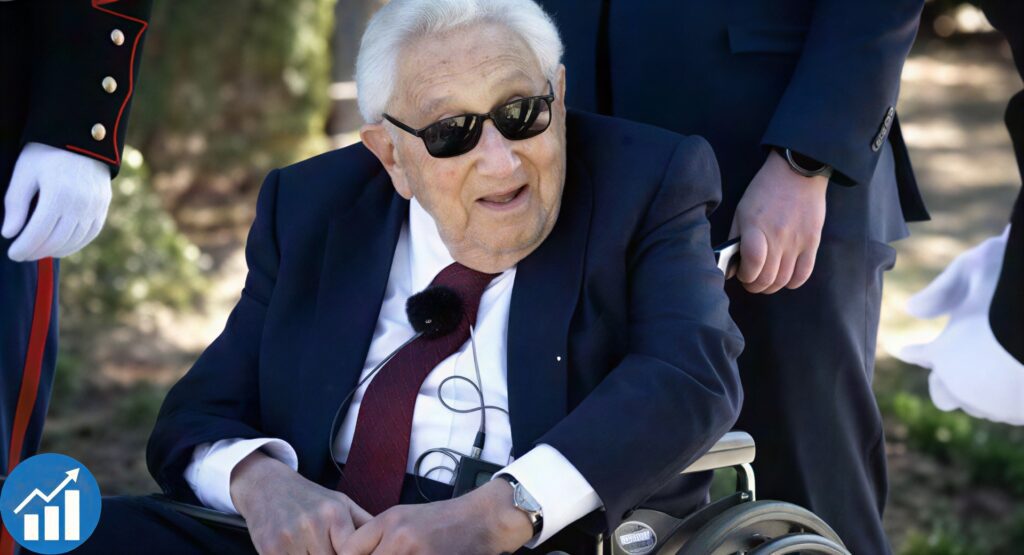 A timeline infographic detailing the major life and career events of Henry Kissinger.