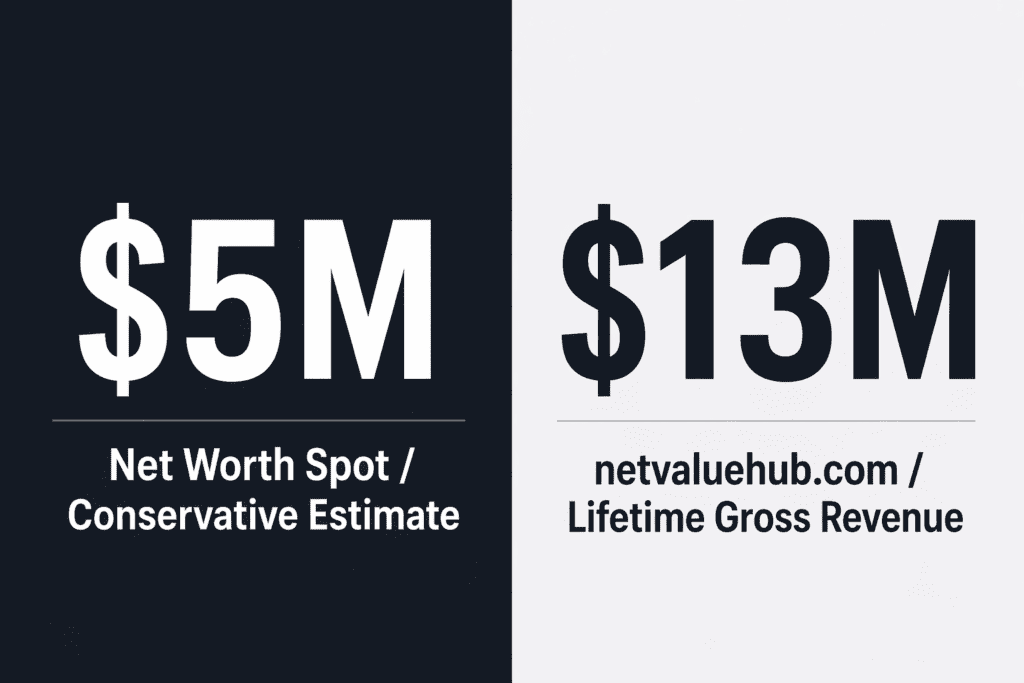 Side-by-side infographic comparing Best Ever Food Review Show net worth estimates: $5M conservative estimate versus $13M lifetime gross revenue estimate 