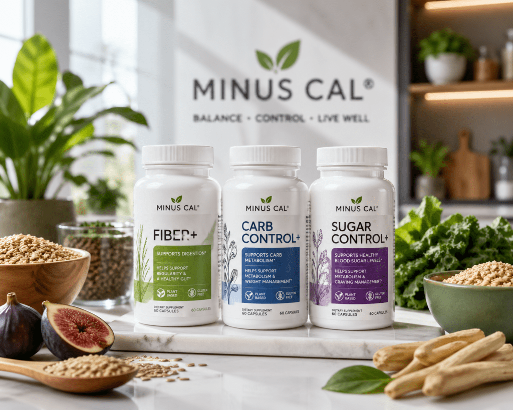 Minus Cal product bottles displayed in a modern setting with fresh ingredients like fiber-rich plants in background