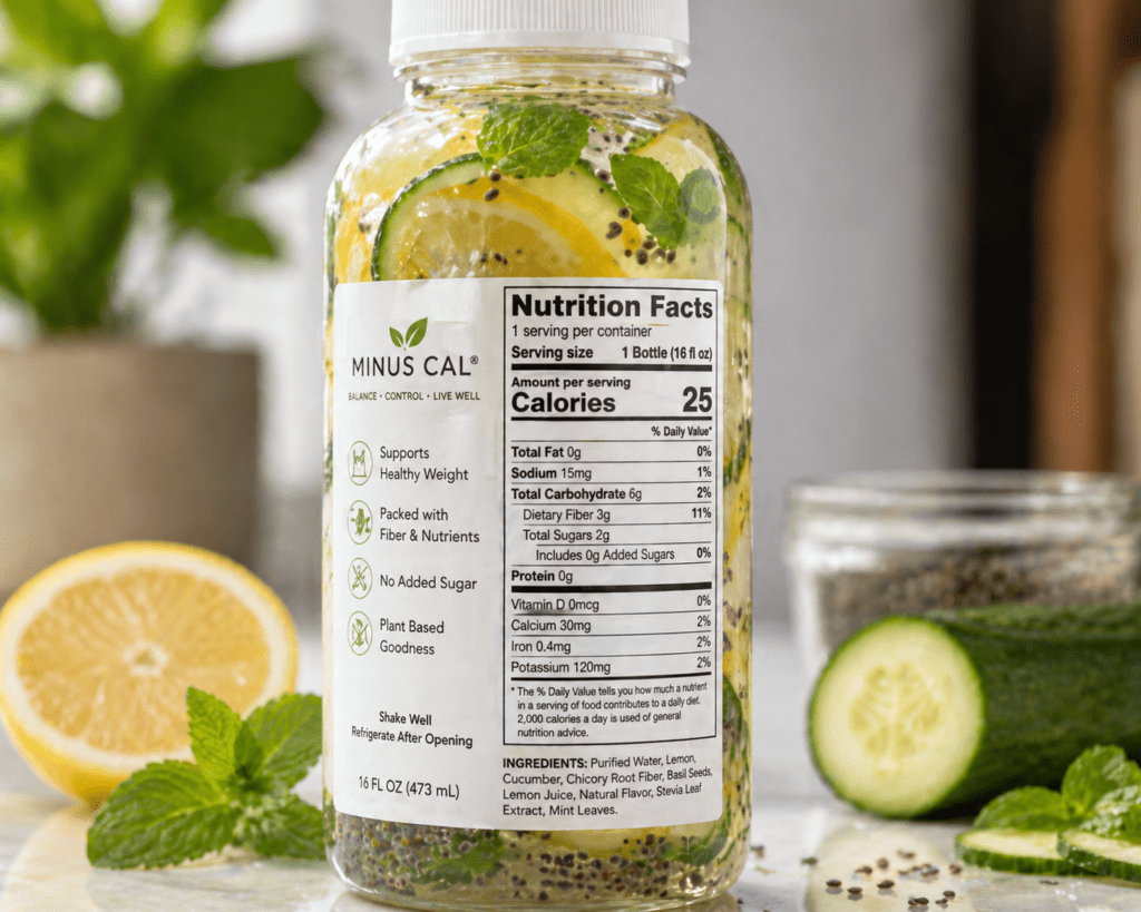 Close-up of Minus Cal drink ingredients visible through the bottle, with nutrition facts label visible