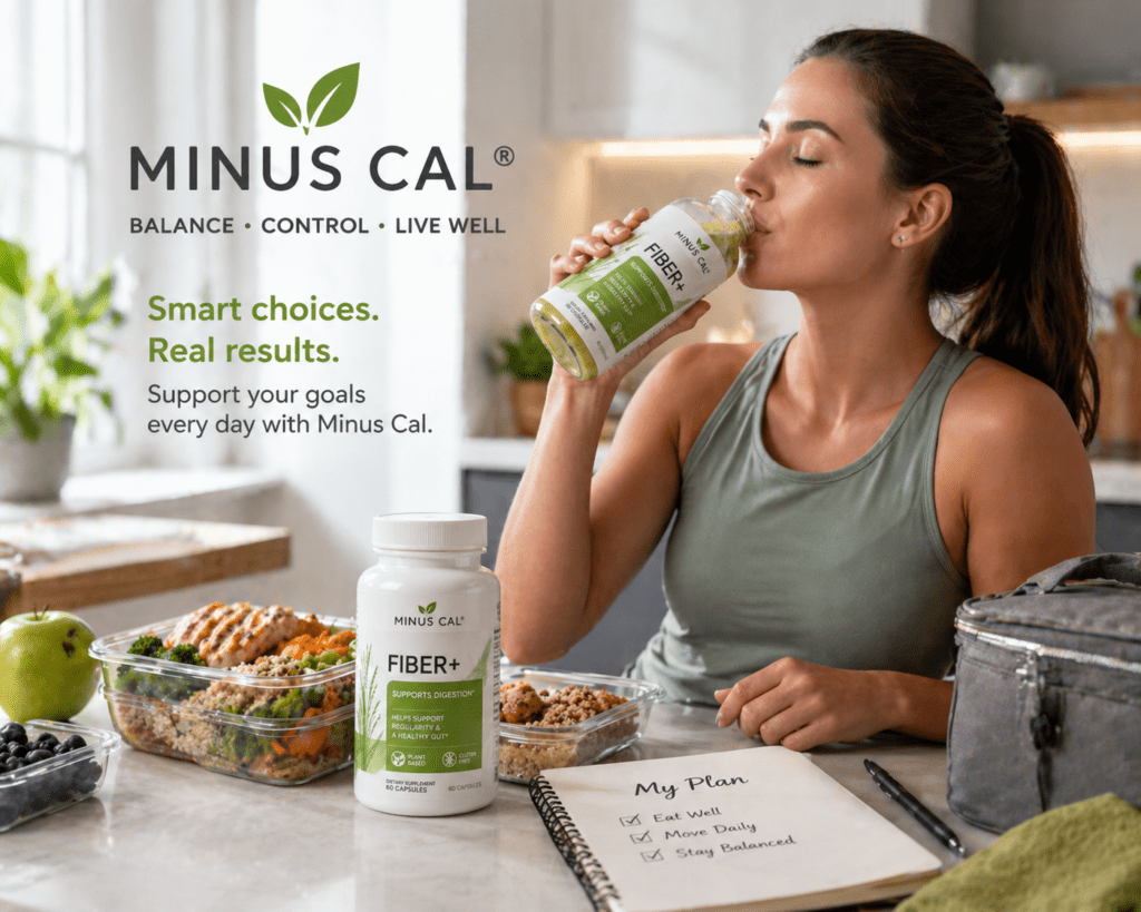 Minus Cal being consumed in a morning or meal-prep context, showing lifestyle positioning