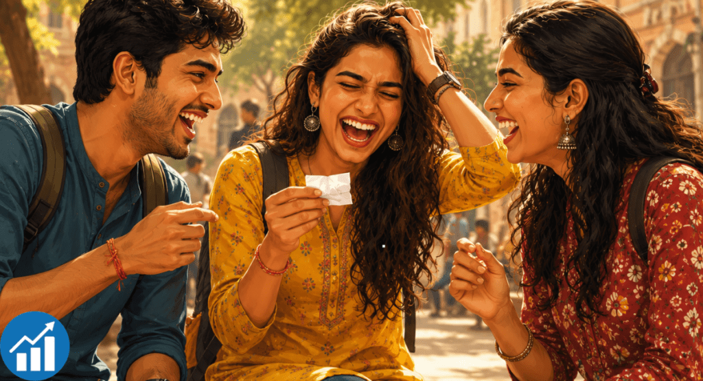 funny fish pond quotes for friends in Marathi - three Indian college friends laughing at a paper chit