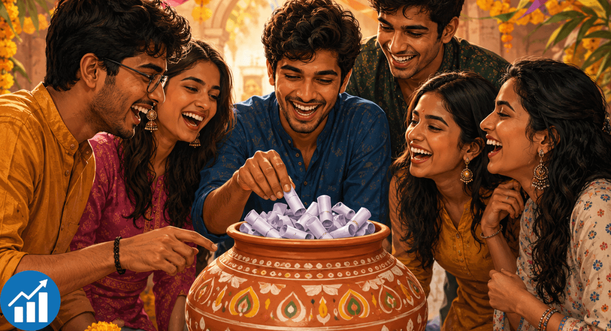 फिश पॉंड गेम - decorated bowl with paper chits surrounded by laughing Indian college students at a festive event